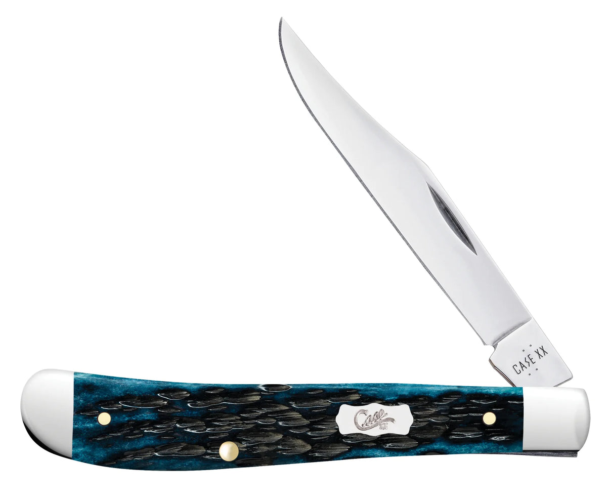 Case  Pocket Worn Mediterranean Blue Bone-Peach Seed Jig Pocket Knife